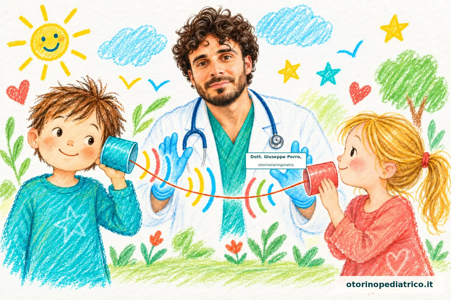 Disegno a pastelli del Dott. Giuseppe Porro con due bambini che comunicano con un telefono di carta