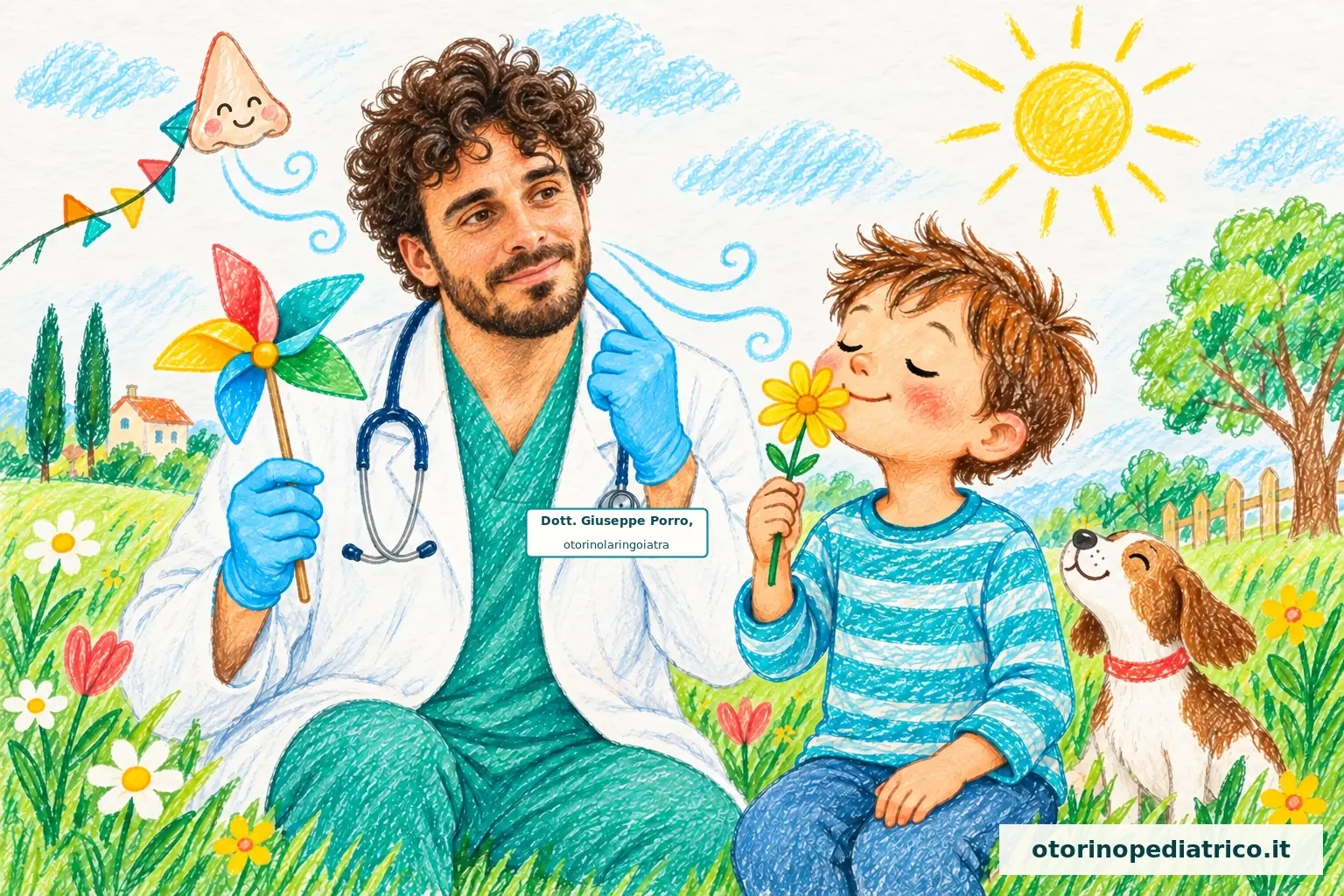 Disegno a pastelli del Dott. Giuseppe Porro con un bambino che respira il profumo di un fiore