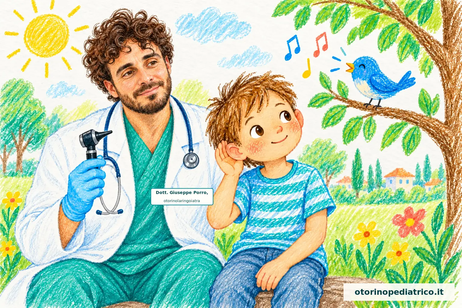 Disegno a pastelli del Dott. Giuseppe Porro con un bambino che ascolta il canto di un uccellino