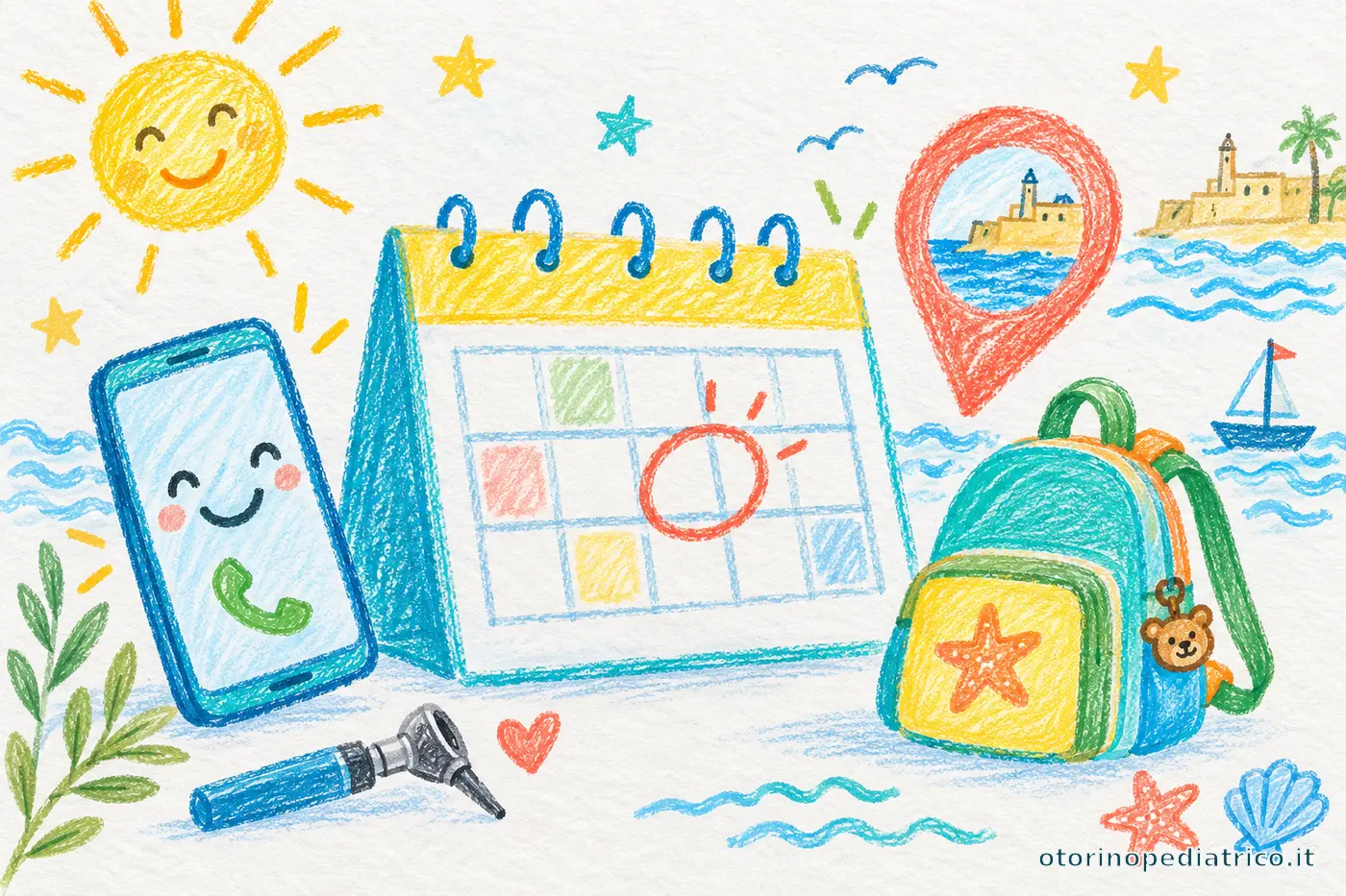 Disegno infantile di telefono, calendario e zainetto per prenotare una visita a Brindisi