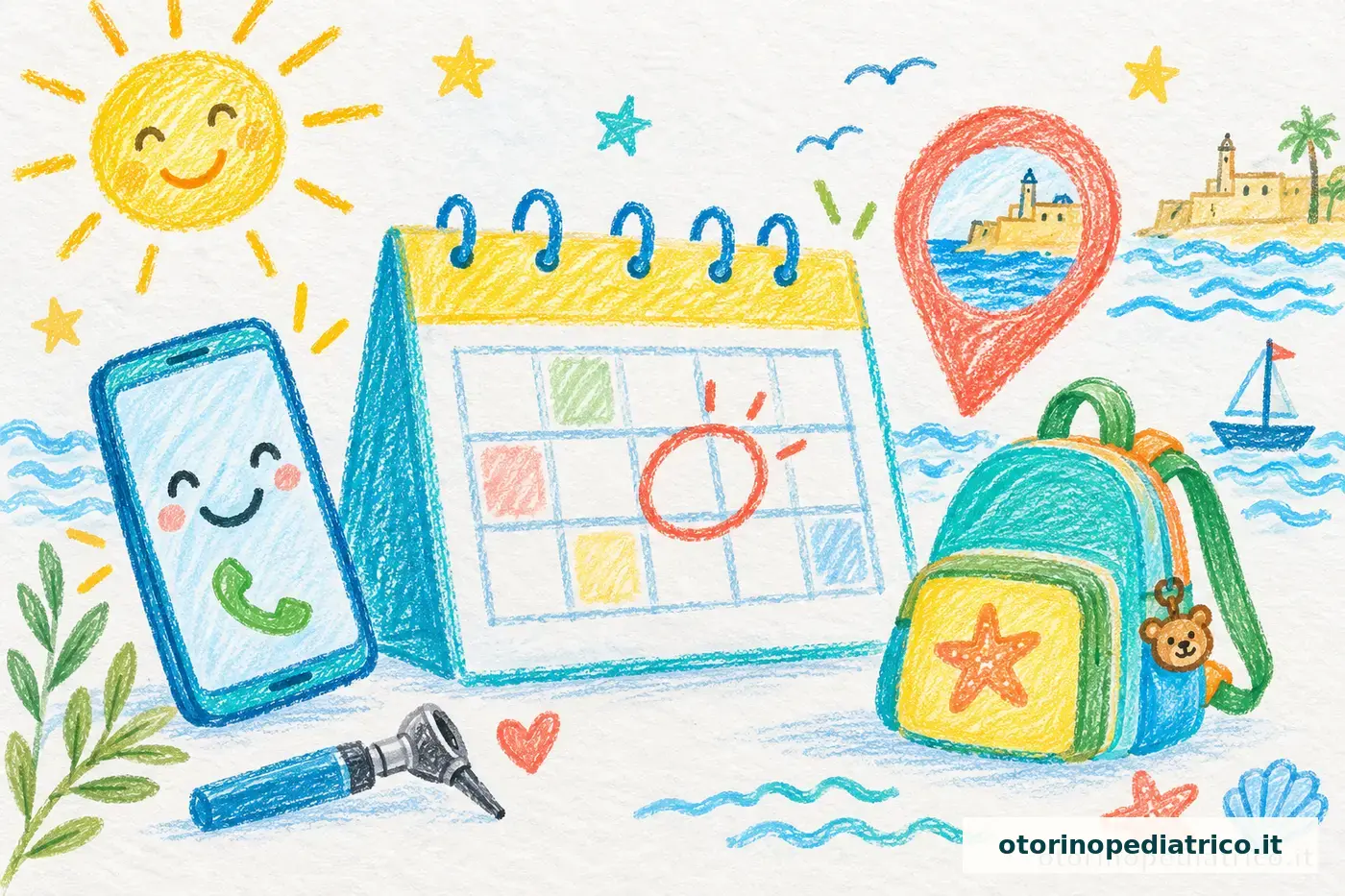 Disegno infantile di telefono, calendario e zainetto per prenotare una visita a Brindisi