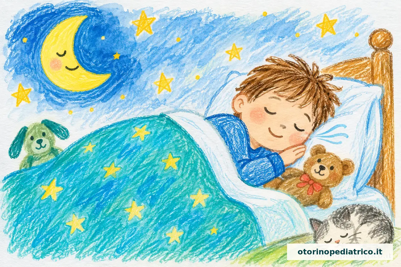 Disegno infantile di un bambino che dorme serenamente con la bocca chiusa
